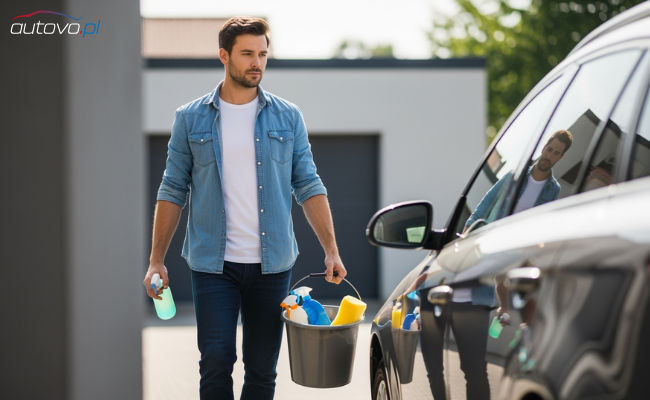 Mężczyzna idący myć felgi aluminiowe, kupione na autovo.pl